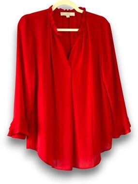 LOFT Red Ruffle Neck Tiered Sleeve Semi Sheer Feminine Blouse Top Size Medium